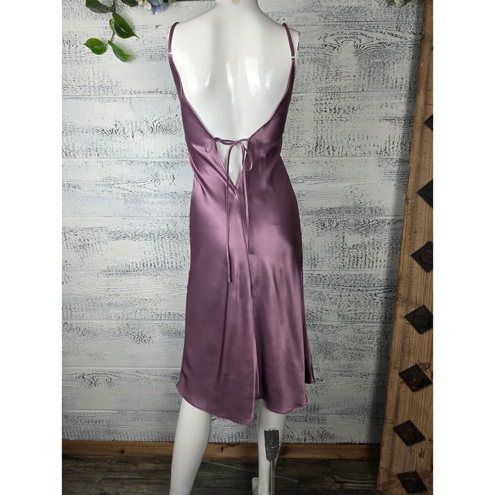 Vera Mauve Satin Lace-Up Back Midi Dress M Coquette Minimalist Slip Bridesmaid - Picture 8 of 11
